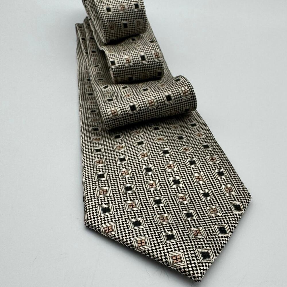VTG Peacock Mens Tie Black White Houndstooth Check Geometric Pure Silk Handmade